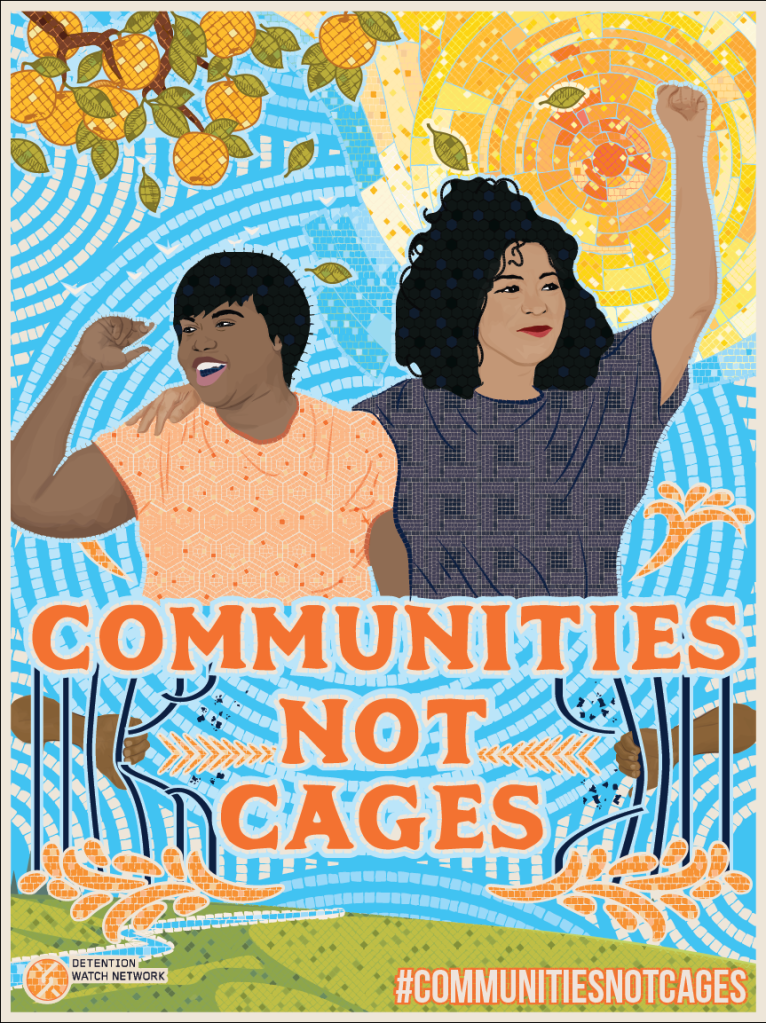 Two people standing together in front of the sun. Poster says "Communities not Cages"